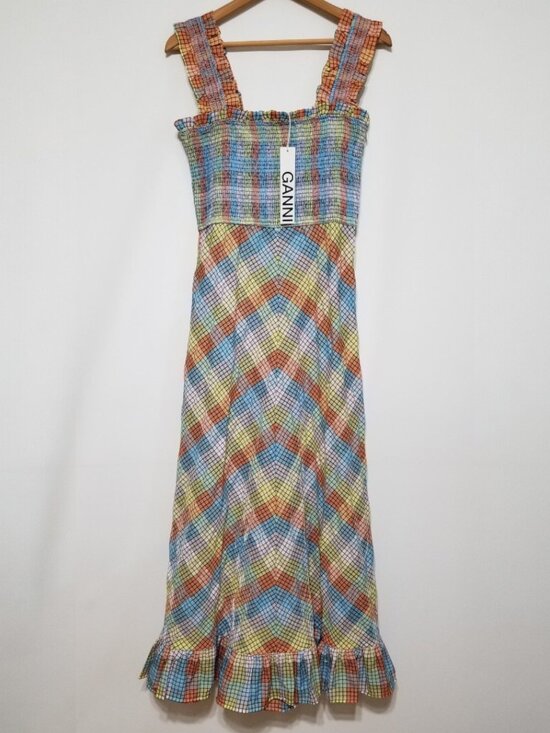 🌈NWT GANNI Multi-Color Seersucker Check Smocked Long Dress Size EU 38, 40 $285 - Picture 5 of 16